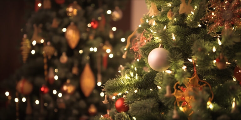 Christmas bauble decor hanging on the Christmas tree with sparkling light spot. Generative AI.