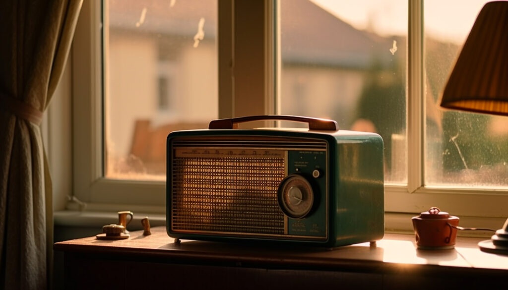 Antique radio on wooden table, nostalgia revived generated by AI