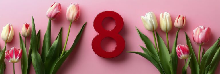 Brightly colored tulips surround a red number eight on a pink backdrop for a celebratory occasion