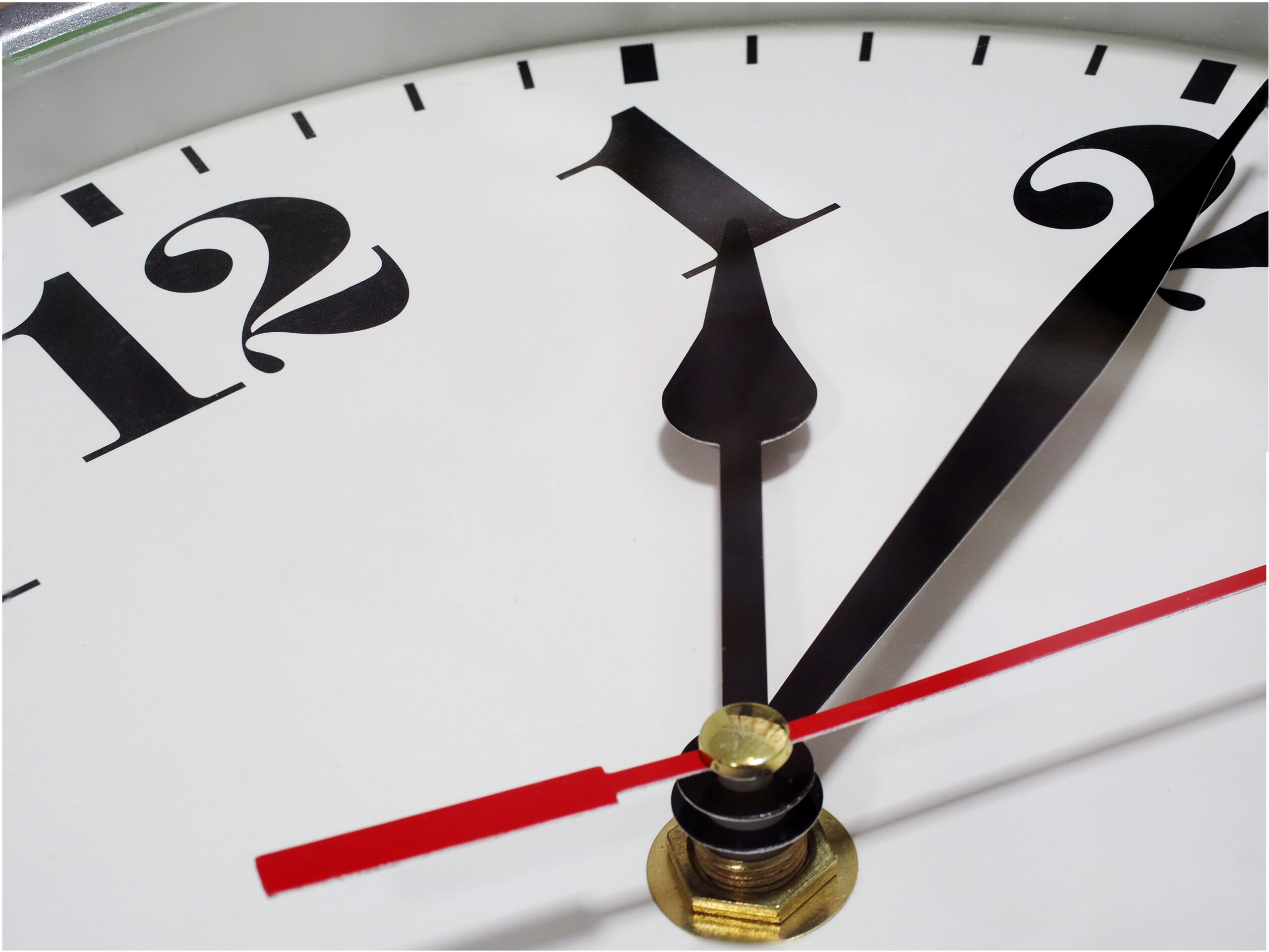 Closeup needle of analog clock white background Arabic number
