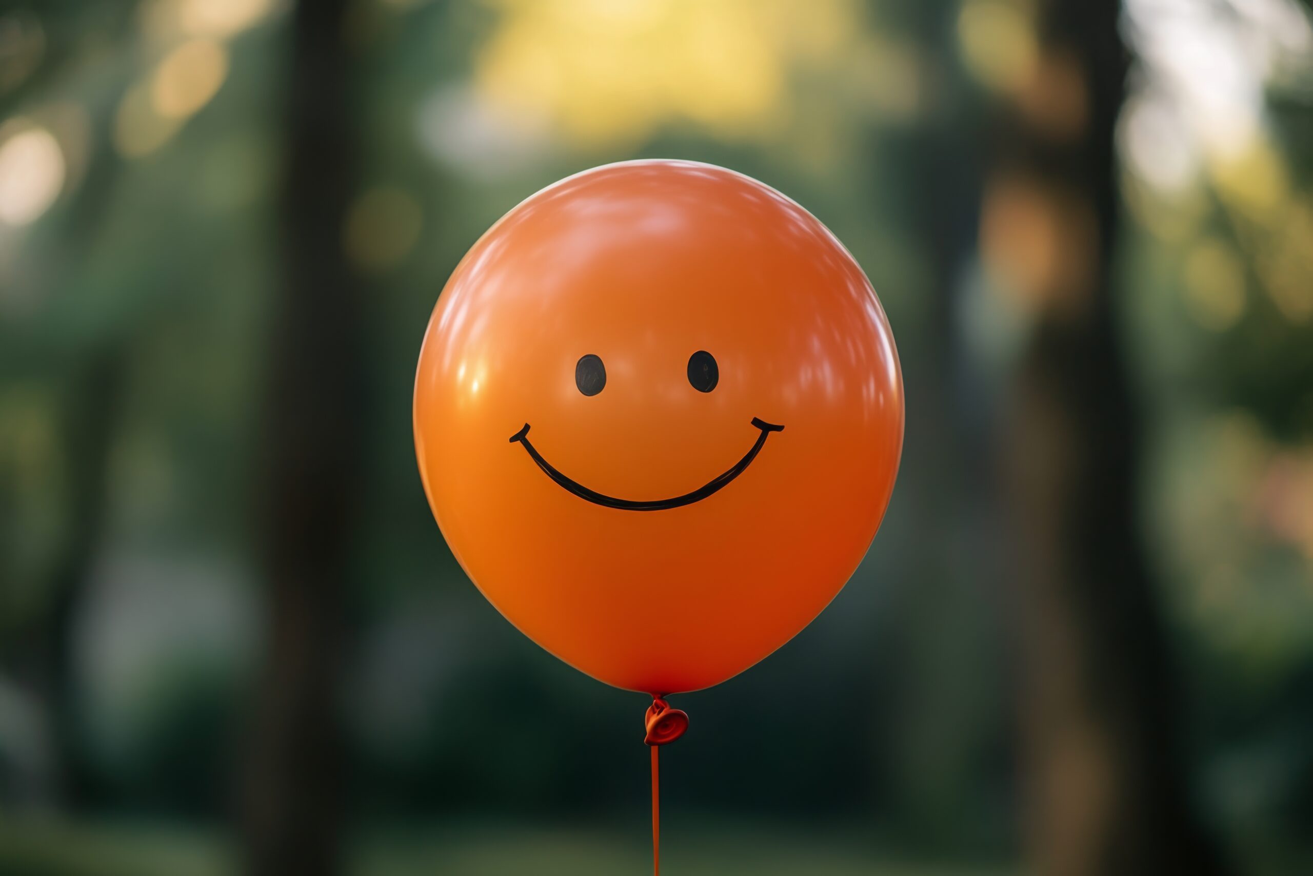 Bright orange smiley balloon stands out in a sunny park setting during a cheerful afternoon gathering