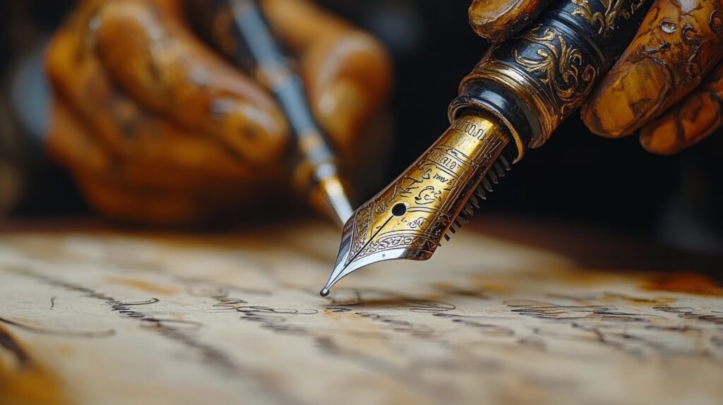 Scholar in traditional attire diligently writing in ancient manuscript in a library