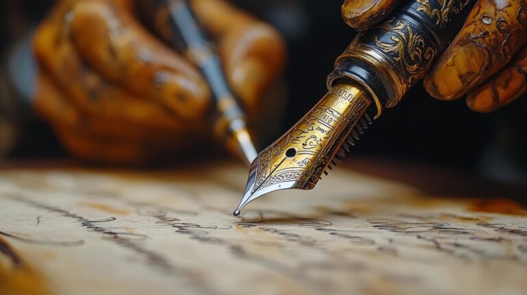 Scholar in traditional attire diligently writing in ancient manuscript in a library