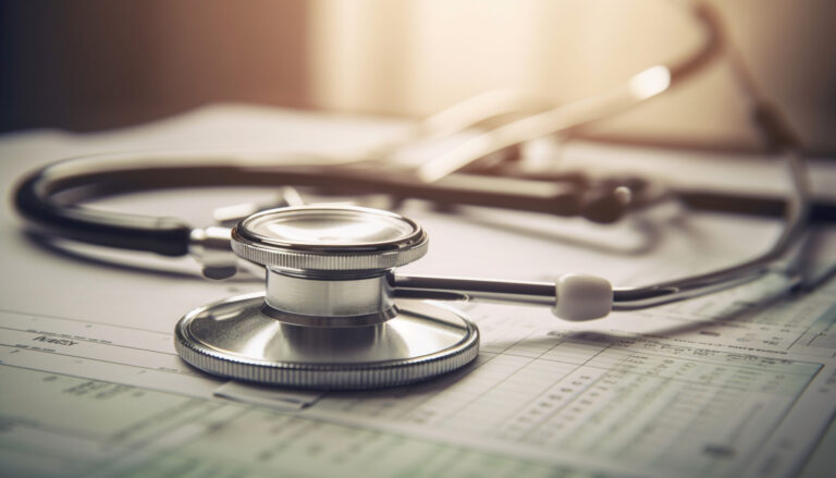 Expert cardiologist examines patient with stethoscope, charts data generated by AI