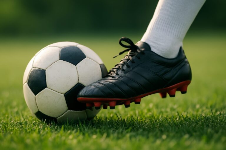 Soccer Player Kicks Black and White Ball on Green Grass Field During Sunny Day