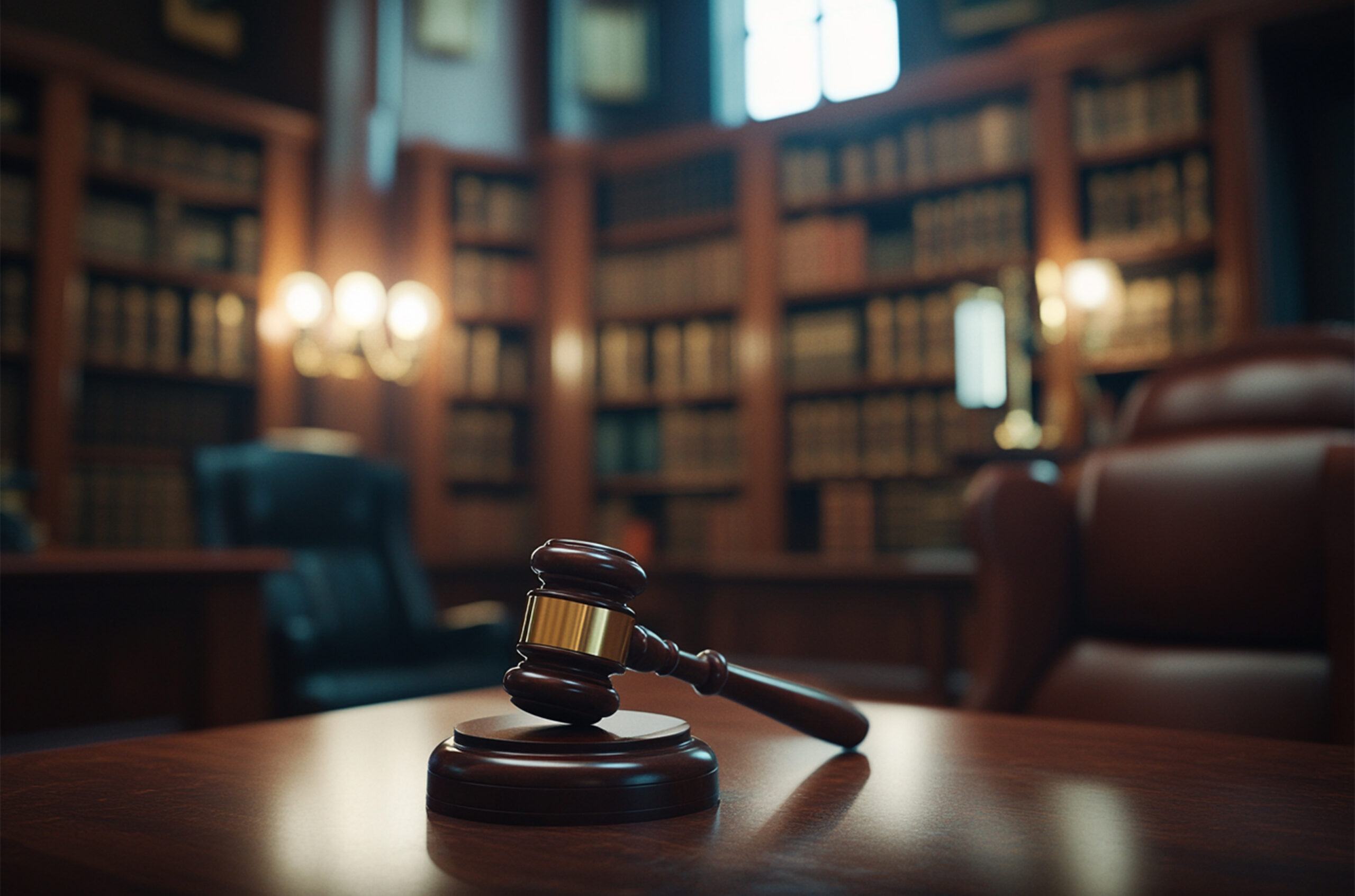 Wooden Gavel on Desk with Blurred Law Office Background
