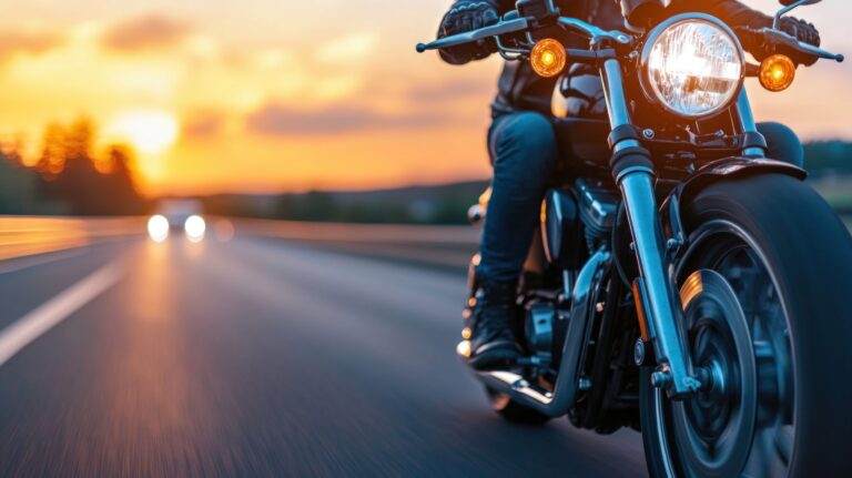 Sunset highway motorcycle ride, traffic blur