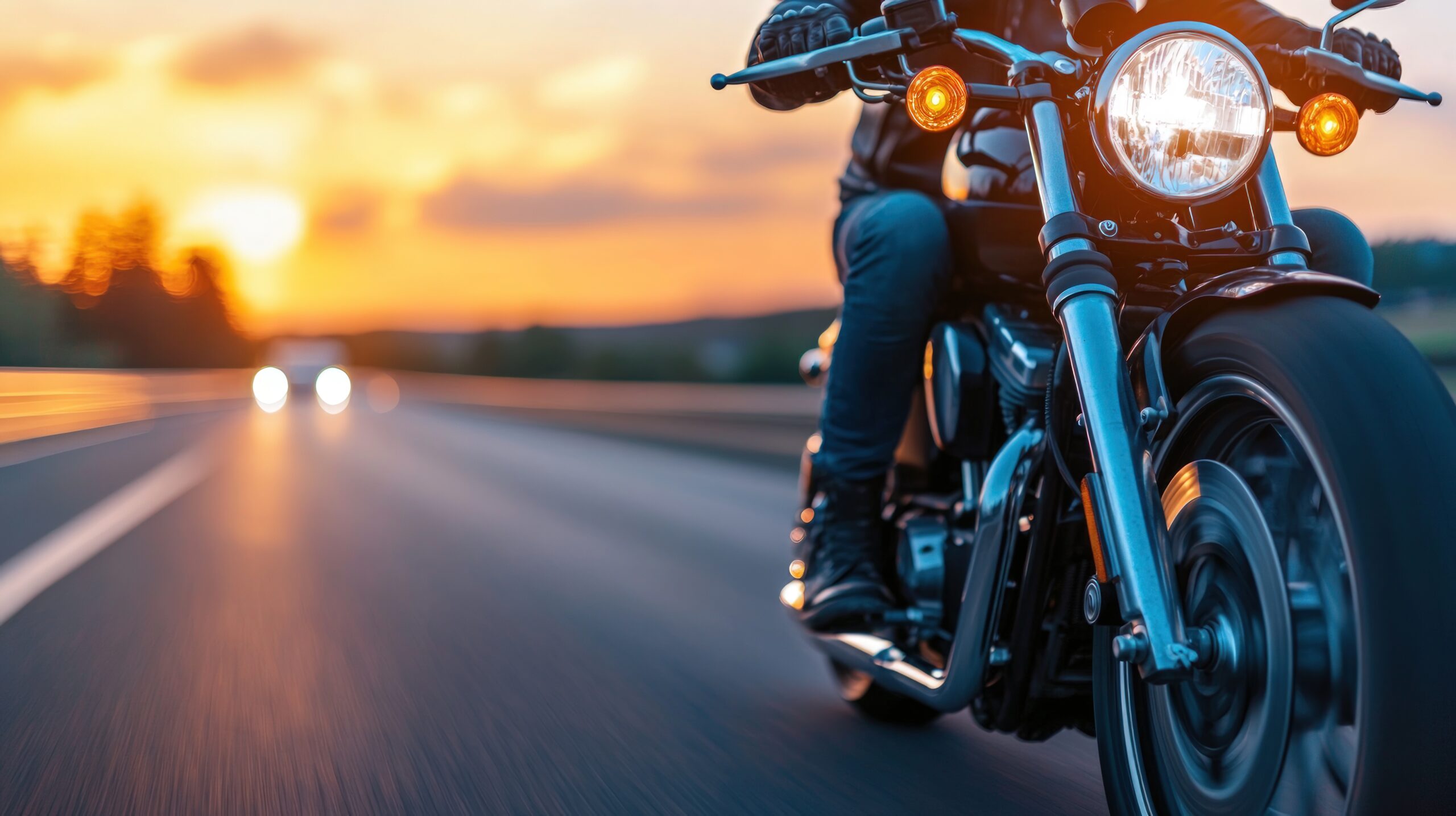 Sunset highway motorcycle ride, traffic blur