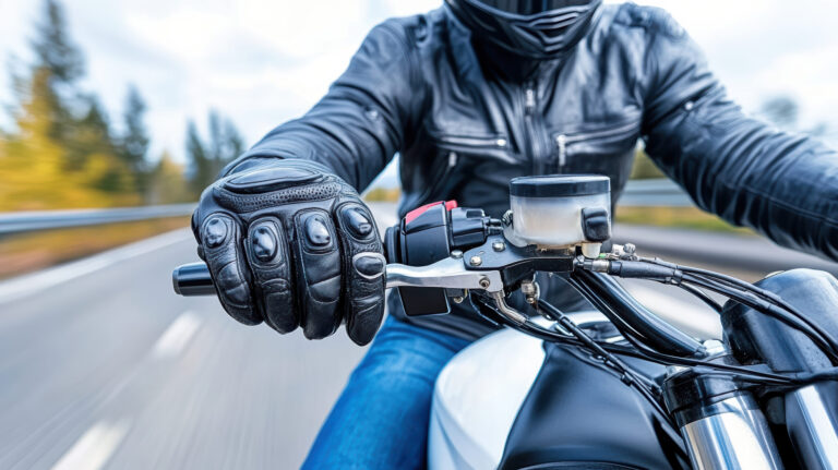 Rider in black leather jacket gripping motorcycle throttle, showcasing speed and control