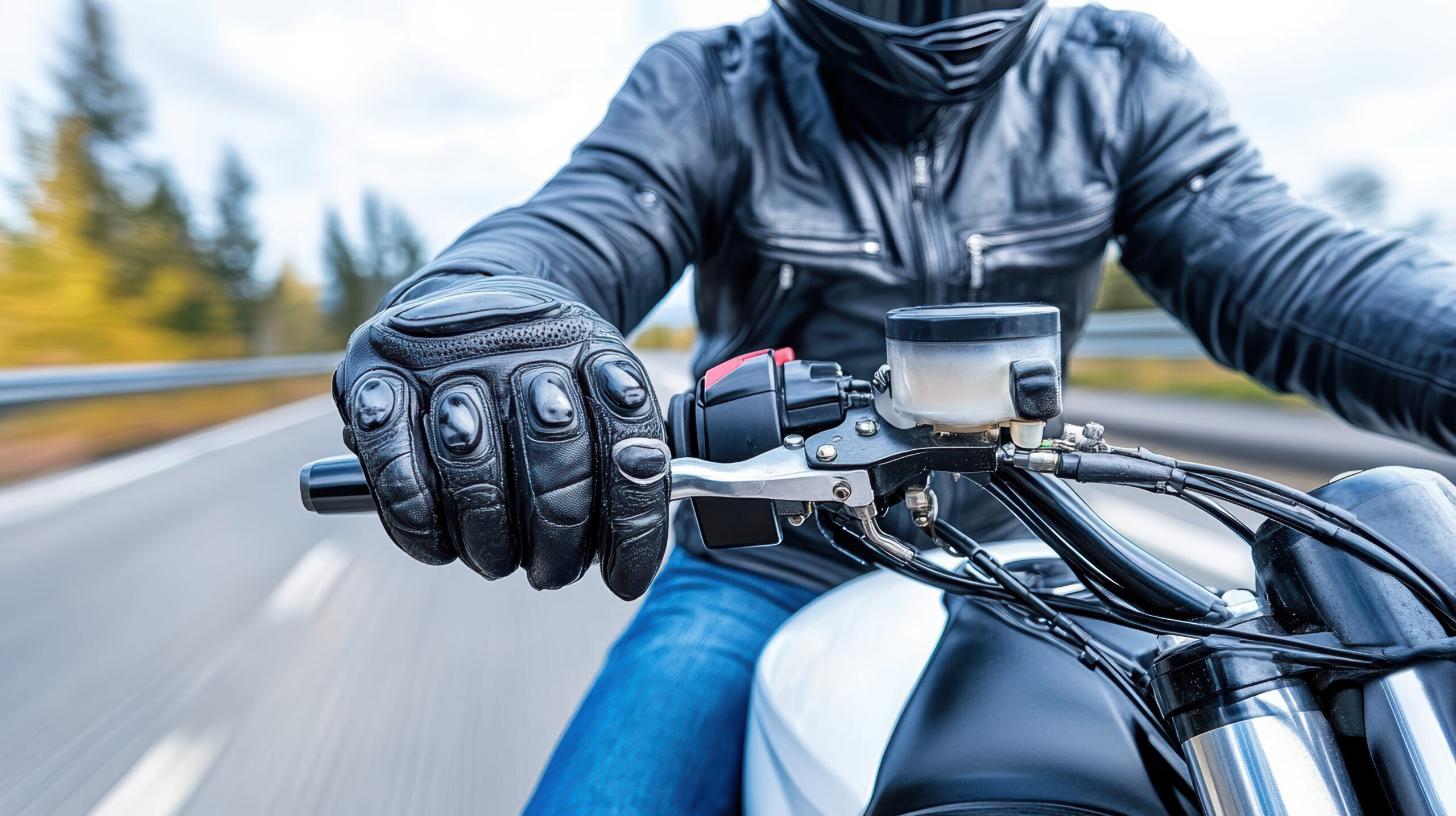 Rider in black leather jacket gripping motorcycle throttle, showcasing speed and control